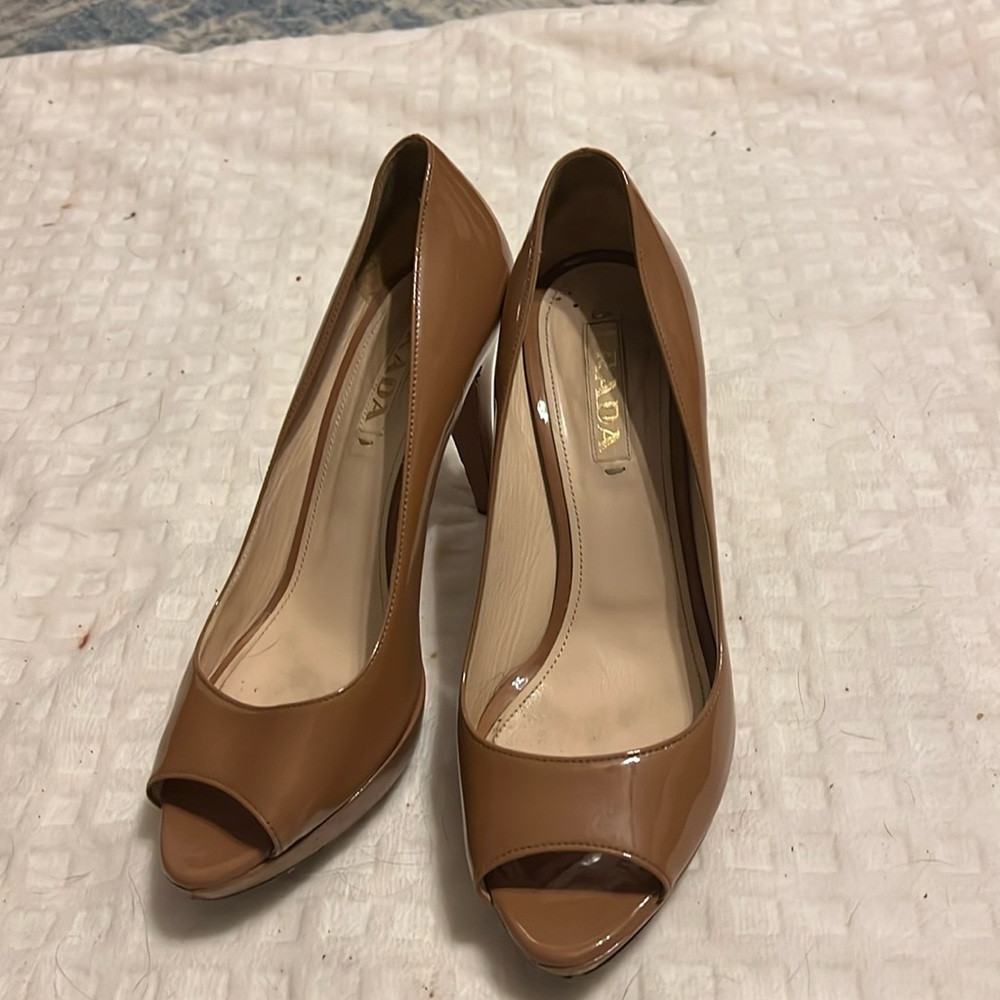 Prada tan peep toe heels